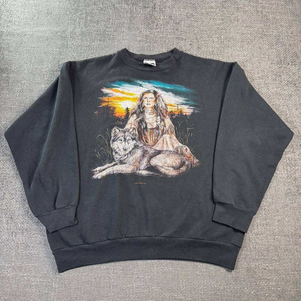 Sunrise Sportswear Wolf Graphic Sweatshirt Unisex XL Black Vintage 90s Nature